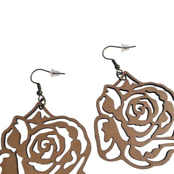 Laser Cut Chipboard Rose Dangle Earrings Lightweight Floral Brown Hook Closure - Picture 2 of 3